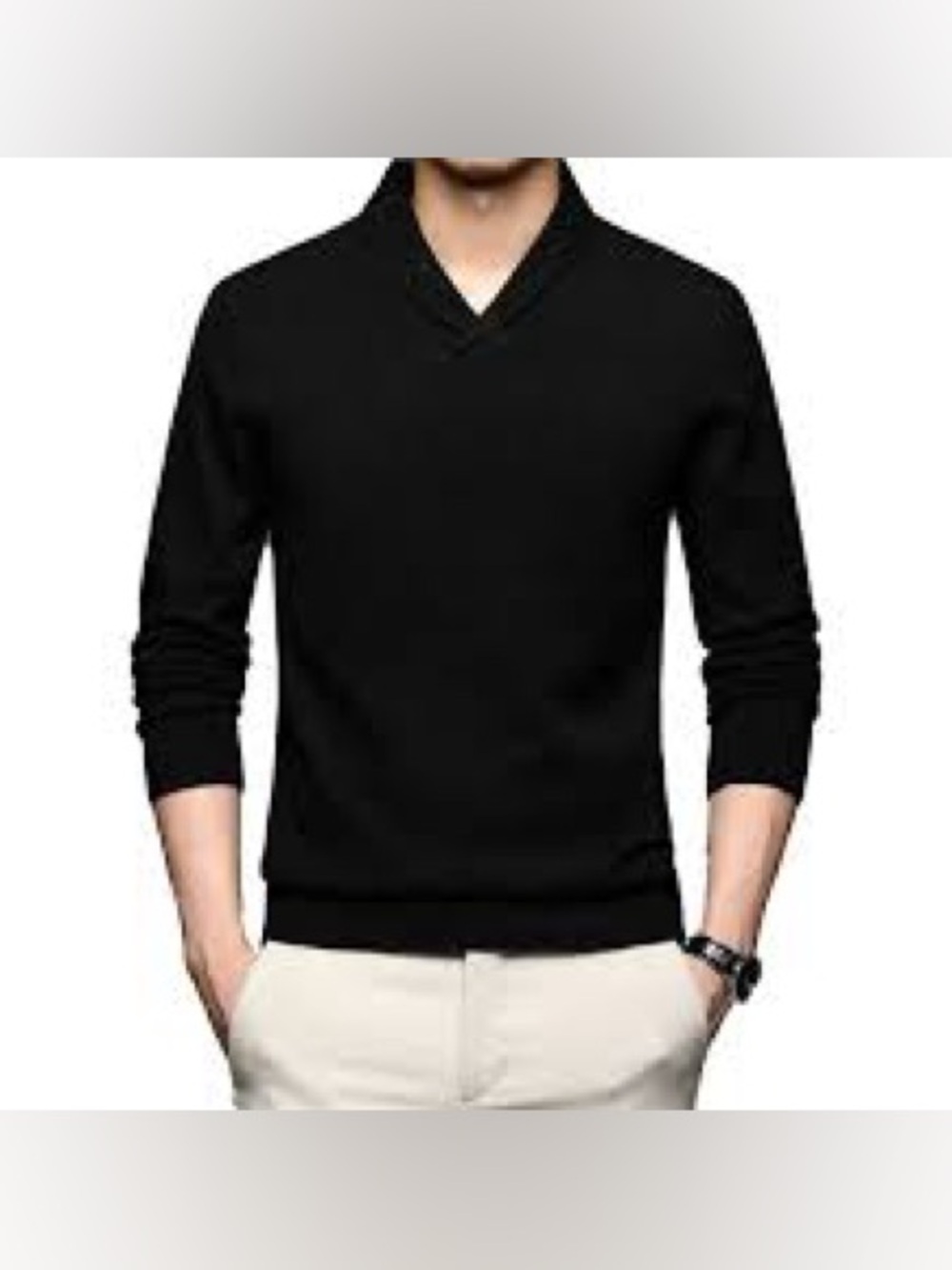 Z Zegna cashmere Men's Black V-Neck Shawl Collar Sweater